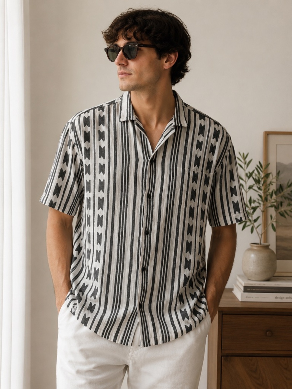 Zara Men's XL Black and White Pattern Short Sleeve Shirt Classic Boho Resort